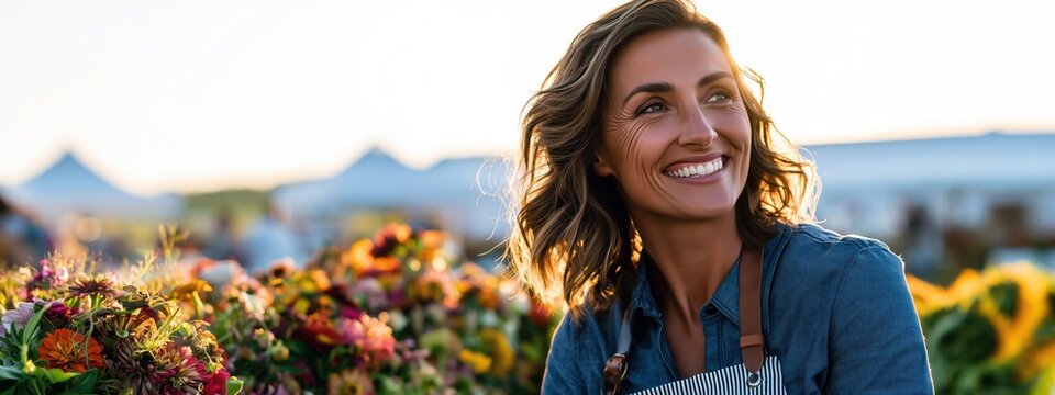 Une femme fleuriste souriante travaillant sur un &eacute;tal de march&eacute; en plein air, arri&egrave;re-plan avec ciel lumineux, tentes de commer&ccedil;ants floues et silhouettes de personnes, vue panoramique.