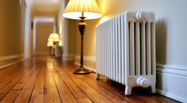 Un radiateur en fonte install&eacute; dans le couloir d'un appartement avec magnifique parquet en bois et lampes sur pied allum&eacute;es, symbolisant le gaspillage de consommation &eacute;nerg&eacute;tique, vue en perspective.