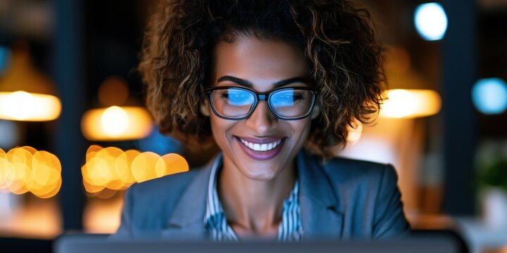 Plan rapproch&eacute; d'une femme &eacute;panouie portant des lunettes travaillant sur son ordinateur portable dans un bureau, de nuit, avec une faible profondeur de champ et des lampes cr&eacute;ant un effet bokeh.
