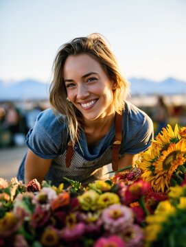 Une femme souriante et &eacute;panouie travaillant sur un stand de fleurs color&eacute;es en ext&eacute;rieur, arri&egrave;re-plan flou laissant appara&icirc;tre un march&eacute; de village et des silhouettes de personnes.