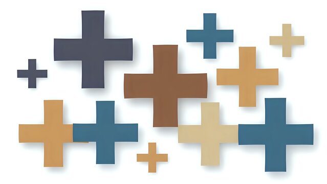 Abstract arrangement of colorful plus signs on white background with copy space