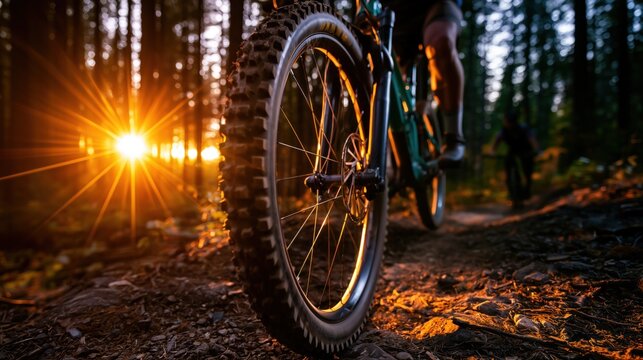 La roue avant d'un VTT sur un sentier forestier accident&eacute;, au coucher du soleil, vue en gros plan.