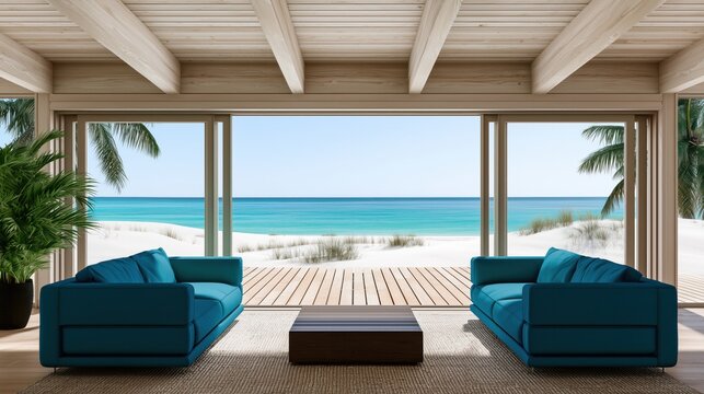 Maison avec un salon en bord de mer offrant une vue imprenable sur l'oc&eacute;an avec de larges baies vitr&eacute;es coulissantes s'ouvrant enti&egrave;rement sur une terrasse en bois, concept de vacances paradisiaques.