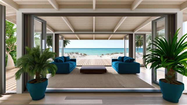 Maison avec un salon en bord de mer offrant une vue imprenable sur l'oc&eacute;an avec de larges baies vitr&eacute;es coulissantes s'ouvrant enti&egrave;rement sur une terrasse en bois, concept de vacances paradisiaques.