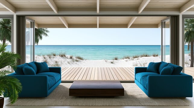 Villa avec un salon en bord de mer offrant une vue imprenable sur l'oc&eacute;an avec de larges baies vitr&eacute;es coulissantes s'ouvrant enti&egrave;rement sur une terrasse en bois, concept de vacances paradisiaques.