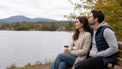Fototapeta premium Couple sitting on bench looking at autumn lake and mountains