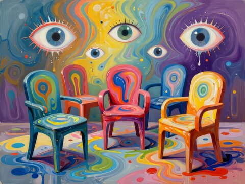 Sillas abstractas y vibrantes rodeadas de colores arremolinados, con ojos voladores y salpicaduras de pintura