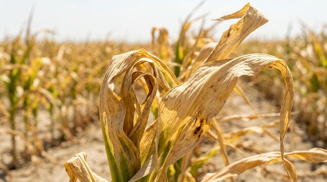 Withered corn leaves in a drought stricken field showing crop failure and climate change impact