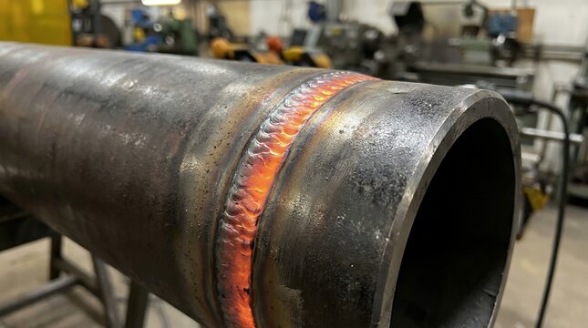 Close-up of glowing red hot weld seam on industrial steel pipe during precision fabrication process