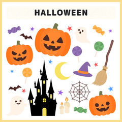 Fototapeta premium ハロウィンのイベントやパーティ装飾に使えるカボチャやお化けと古城やキャンディのイラスト素材集秋の季節行事や売場ポップやウェブデコレーションに役立つかわいい手描き風のベクターデザインアイテムセット
