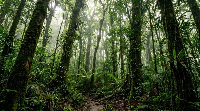 Lush green tropical rainforest with tall mossy trees