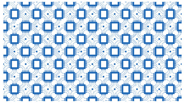 Blue digital circuit board pattern with microchip processor grid on white background