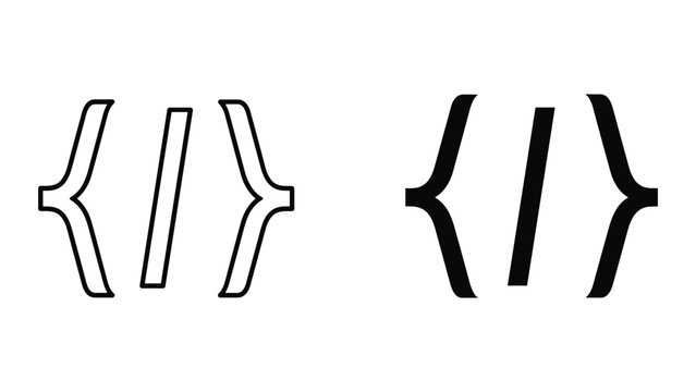 Set of two code bracket icons, outline and solid style, representing programming and software development concepts
