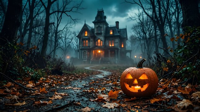 Jack-o'-lantern with a sinister grin glows brightly on a leaf-strewn path leading to an ominous haunted mansion.