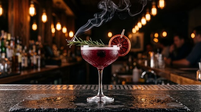 Exotic cocktail, garnished with rosemary and a blood orange slice, emits a mysterious smoke on a dark bar counter.