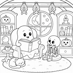 Fototapeta premium Friendly ghost reading a book to a skeleton in a cozy room with pumpkins, bats hanging from ceiling, and cat sleeping, ideal for Halloween stories.