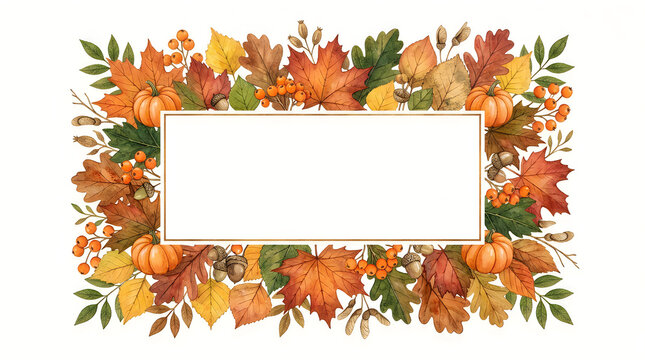 A beautiful watercolor autumn frame with vibrant fall leaves perfect for thanksgiving invitations and festive seasonal designs