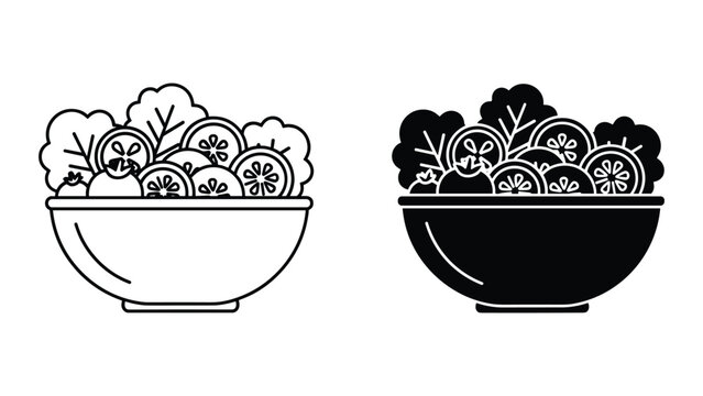 Set of salad bowl icons, fresh vegetable salad with lettuce and tomato slices in a bowl, linear and solid vector illustration