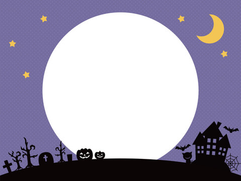 紫色の夜空に三日月やハロウィンの城を描いた丸型フレーム素材