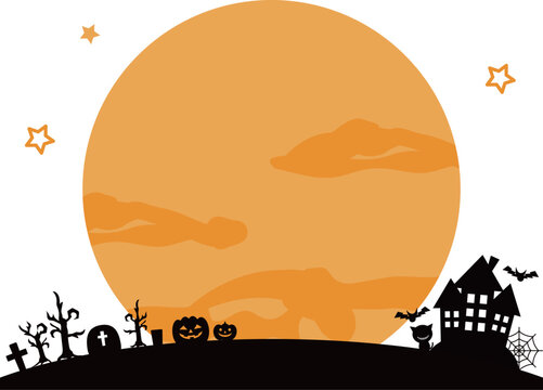 黄色い大きな満月とハロウィンのシルエットモチーフ