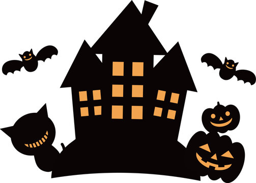 ハロウィンの館とジャックオーランタンや黒猫のイラストセット