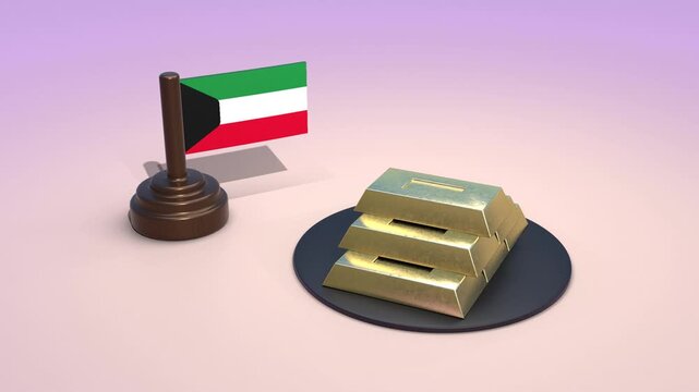 Kuwait flag with gold bars on purple background, Kuwaiti national wealth and economy concept, 3D render of gold bullion and flag