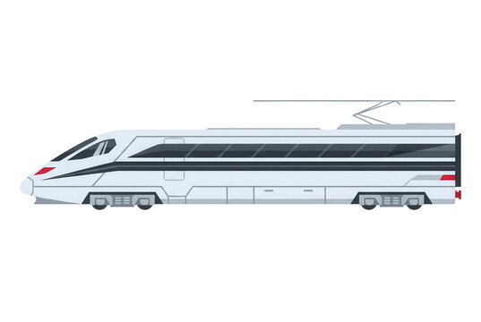 白い車体に黒いラインが入ったモダンなデザインの高速鉄道車両の側面図。流線型の先頭車両とパンタグラフを備えた、現代的で洗練された公共交通機関のベクターイラストレーション。旅行、通勤、都市間移動などのコンセプトに適した、シンプルでクリーンなグラフィック素材。