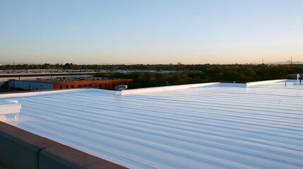 Obraz premium A large white reflective roof on a commercial building with distant trees and sky at sunset