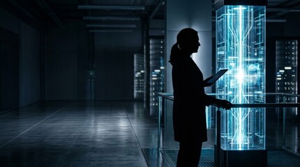 Fototapeta premium Cloud Migration and Scalable Digital Infrastructure, A silhouetted figure interacts with a glowing digital display in a dark, high-tech environment.