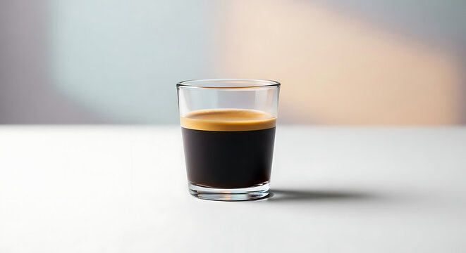A single glass of hot espresso coffee sitting on a white table in bright light with against soft background