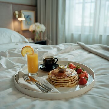 Delicious breakfast tray with pancakes orange juice and coffee served on a cozy bed in a bright bedroom during the morning