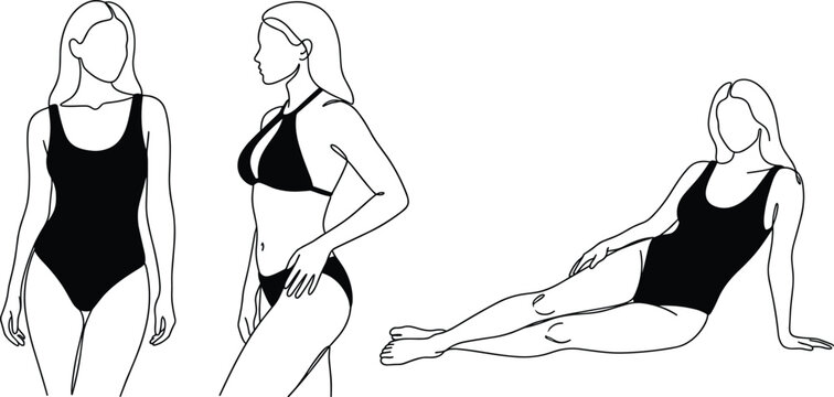 Women in swimsuits posing in standing and reclining attitudes for summer fashion and beachwear collection vector