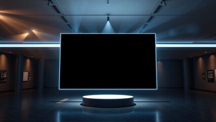 Fototapeta premium Modern gallery space. Dark room features large screen, pedestal. Artwork displayed on walls. Dramatic lighting creates ambiance.