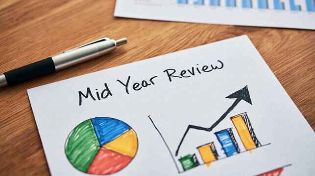 A handwritten Mid Year Review report with colorful charts and graphs sits on a wooden desk. Financial analysis concept for corporate business planning.