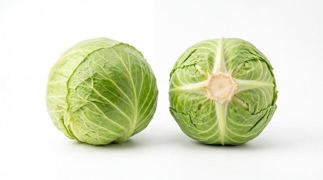 Fresh raw green cabbage heads captured in studio lighting displaying vibrant textures and crisp leaves arranged perfectly on white background