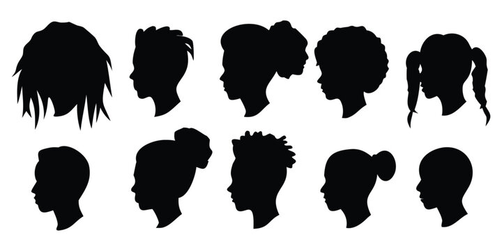 Diverse collection of black silhouette profiles showcasing various female and male hairstyles.