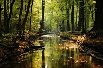 Fototapeta premium River through forest landscape sunlight outdoors.