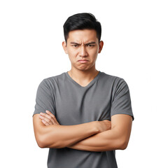 Fototapeta premium Young man with arms crossed looking angry and frustrated isolated on transparent background