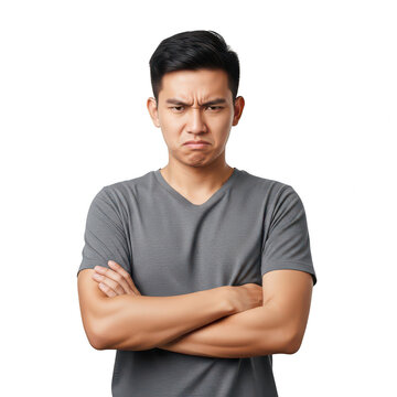 Young man with arms crossed looking angry and frustrated isolated on transparent background