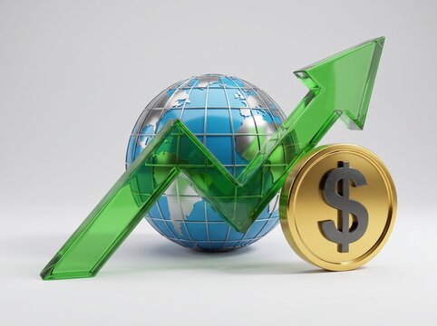 Global Financial Growth Concept with Green Rising Arrow, Gold Dollar Coin and Earth Globe on White Background