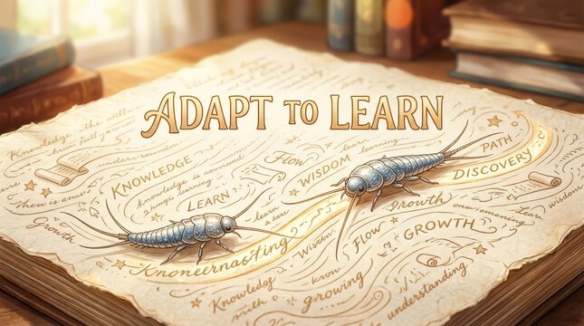 Adapt to Learn: Silverfish Insect Illustration on Old Paper with Growth and Knowledge Concepts