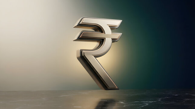 Metallic rupee currency symbol rendered with sharp edges on dark marble table reflecting luxury financial banking market concept.
