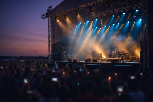 Empty outdoor festival stage at dusk with instruments, microphones, glowing lights and evening haze creates an expansive setting before the headliner