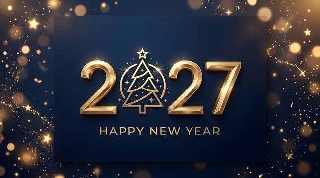 Golden new year two thousand twenty seven celebration with bokeh lights background