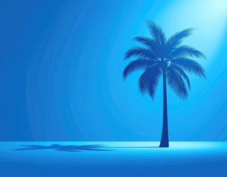 A solitary palm tree stands silhouetted against a vibrant blue sky.