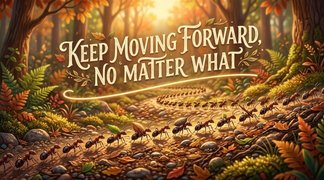 A determined line of ants marching forward on a forest path with autumn leaves, inspirational quote "Keep Moving Forward, No Matter What".