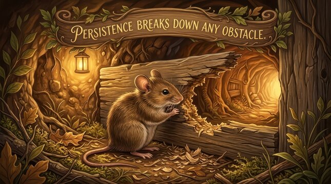 A determined mouse gnawing through wood in a forest burrow, symbolizing persistence and overcoming challenges.
