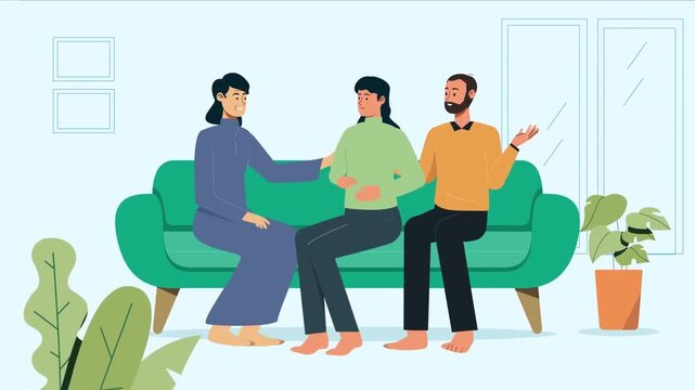2D animation of a family sitting on a green sofa having a conversation together cozy living room home concept