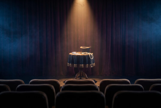 Empty magic show stage with table, draped cloth, props, velvet curtains and smoke haze creates a mysterious setting before the performance. Magic performance