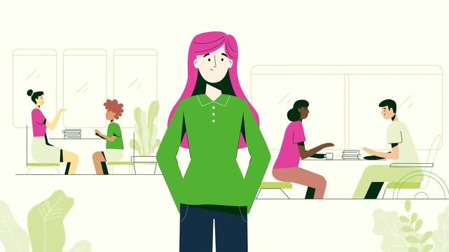 2D animation portrait of a young woman in green sweater standing in foreground with busy blurred office behind